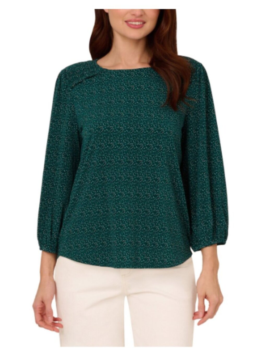 Adrianna Papell Green Dotted Knit Crepe Blouse XL Keyhole Office Workwear Top